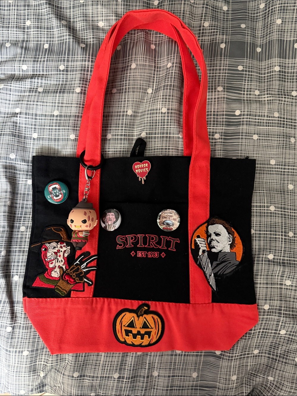 Spirit Black and Red Halloween Horror Tote with Pumpkin Patch